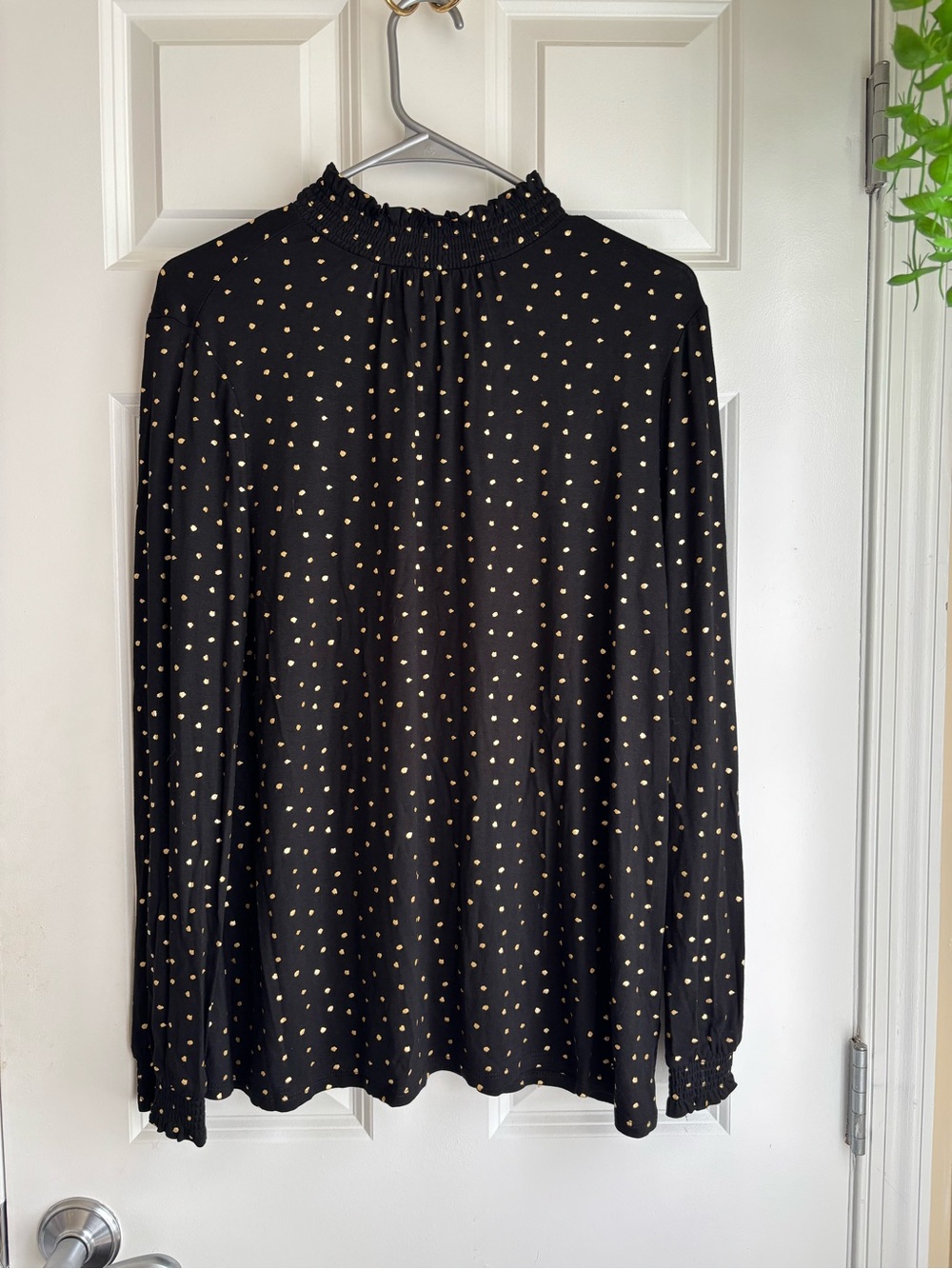 Anne Klein Black Long-Sleeve Mock Neck Top with Gold Dot Pattern